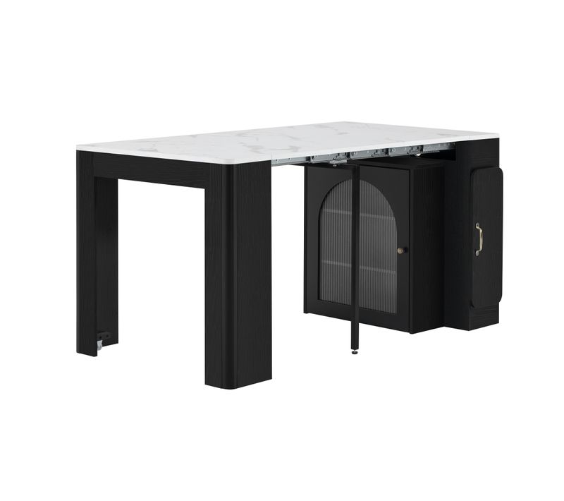 Îlot De Cuisine Extensible 80×39.6/149.6×77cm, Plateau Avec Motif De Marbre En Mdf, Noir Et Blanc