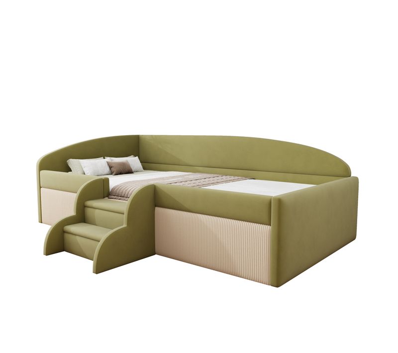 Canapé-lit 90x190 Cm Avec Marchepied Et Accoudoirs, Vert Et Beige, Velours