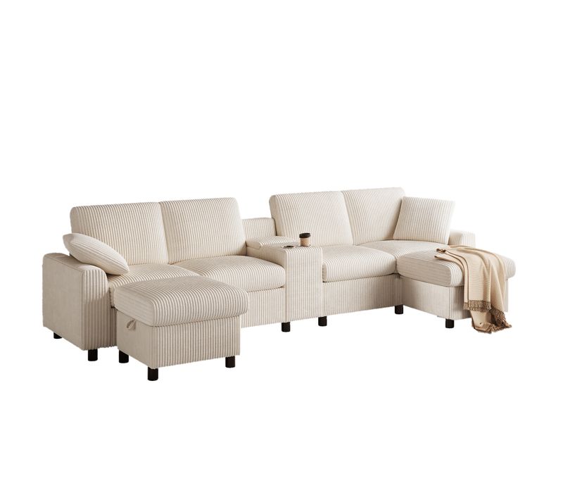 Canapé En U 315x135x81 Cm, Ports USB/type C, Prises, Poufs Avec Rangement, Velours Côtelé, Beige