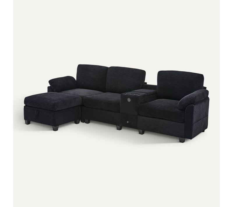 Grand Canapé 266x136x82cm, Console Centrale Mobile, Port USB Type C, Rangements, Velours Côtelé Noir
