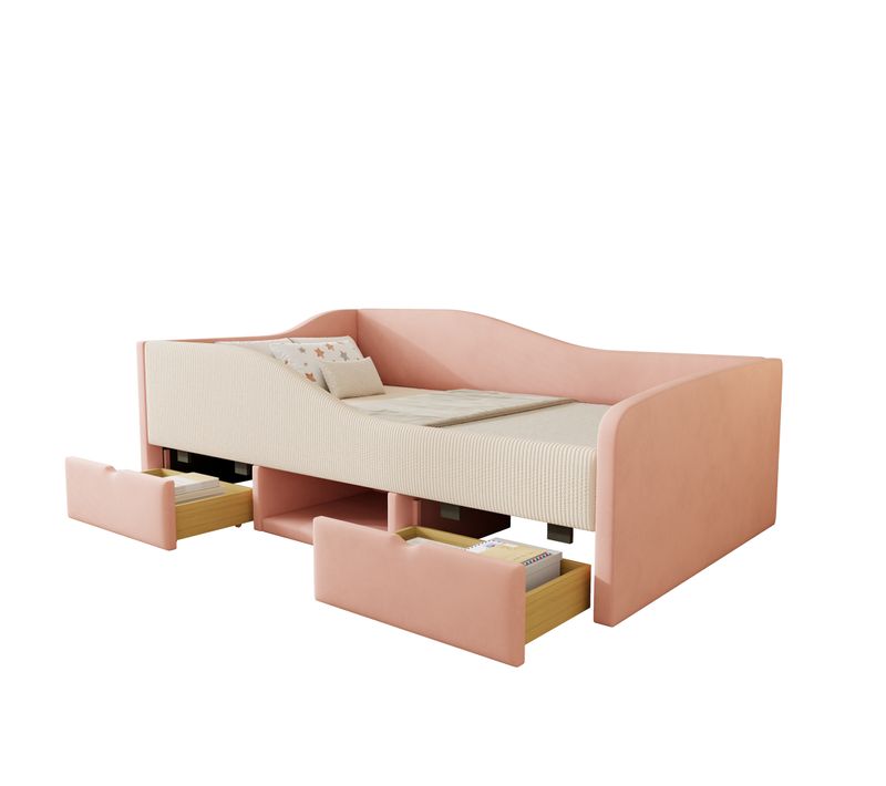 Canapé-lit 90x190 Cm Avec 2 Tiroirs, 1 Niche, Barrière De Sécurité, Rose Et Blanc, Velours