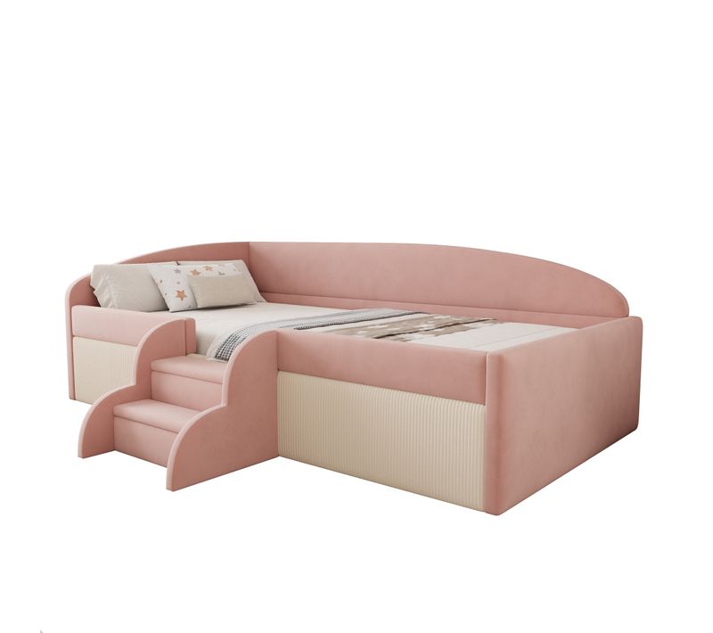 Canapé-lit 90x190 Cm Avec Marchepied Et Accoudoirs, Rose Et Blanc, Velours