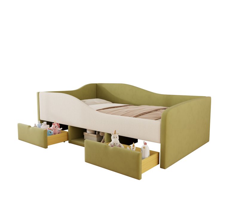 Canapé-lit 90x190 Cm Avec 2 Tiroirs, 1 Niche, Barrière De Sécurité, Vert Foncé Et Beige, Velours