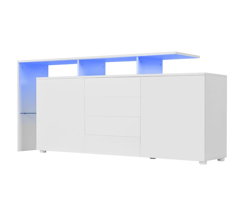 Buffet Bas 160x35x70 Cm, Éclairage LED Et Grand Rangement, Panneau De Particules, Blanc Brillant