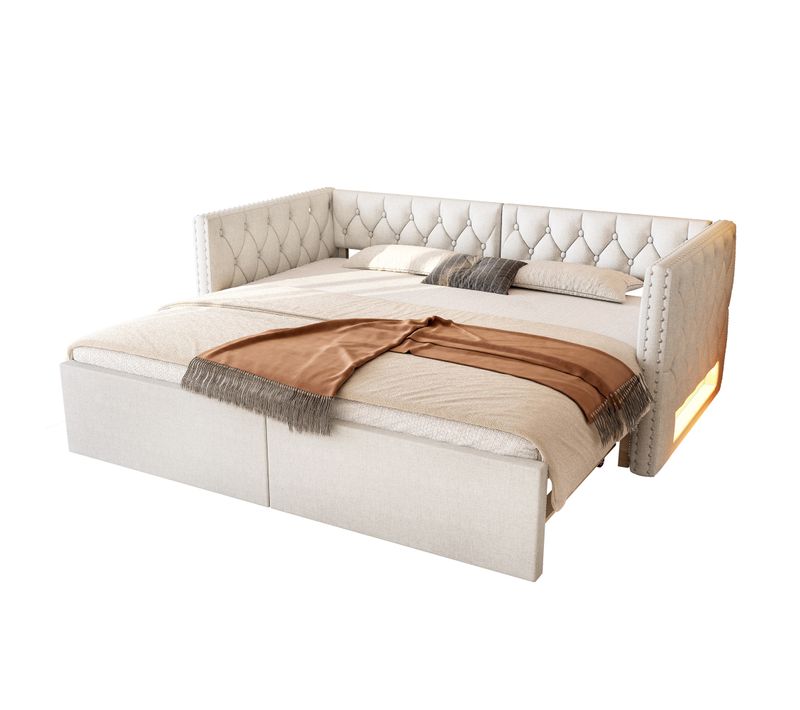 Lit Gigogne 90x200cm, Lit 2 En 1 Extensible 180x200cm, LED, Revêtement Lin Et Mdf, Beige