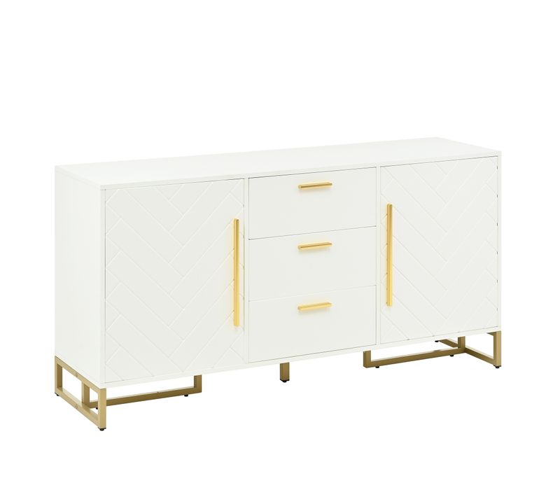 Buffet Bas 145x40x75cm, 2 Portes, 3 Tiroirs, Motif Chevrons, Mdf, Panneaux De Particules, Blanc+doré
