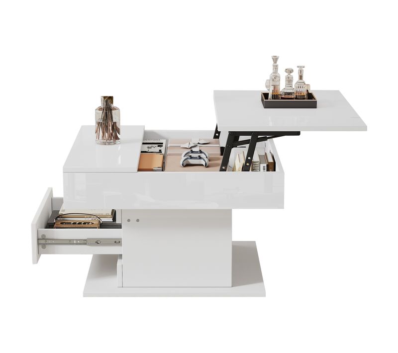 Table Basse Relevable 70x70x45cm, Plateau Pivotant à 360 Degrés, Rangement Caché, Tiroir, Pb, Blanc