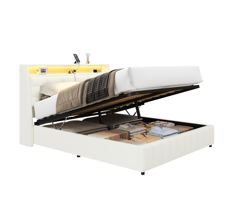 Lit Coffre 160x200cm, Lit Double Avec Espace De Rangement Sous-lit, LED, Mdf Et Pu, Blanc