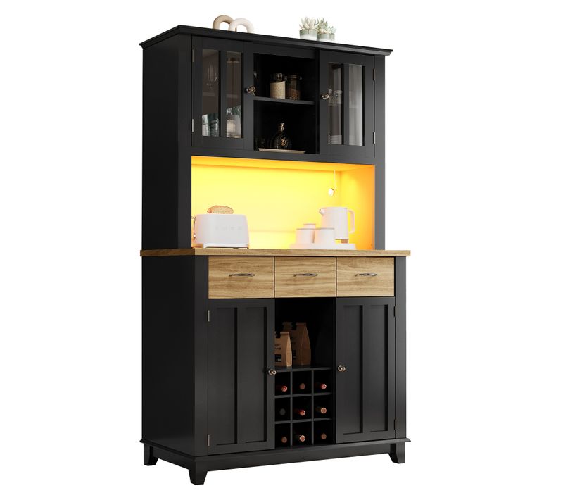 Buffet De Cuisine 106x40x179,5 Cm, LED, 4 Portes, 3 Tiroirs, 4 Niches, Rangement, Mdf, Noir, Bois
