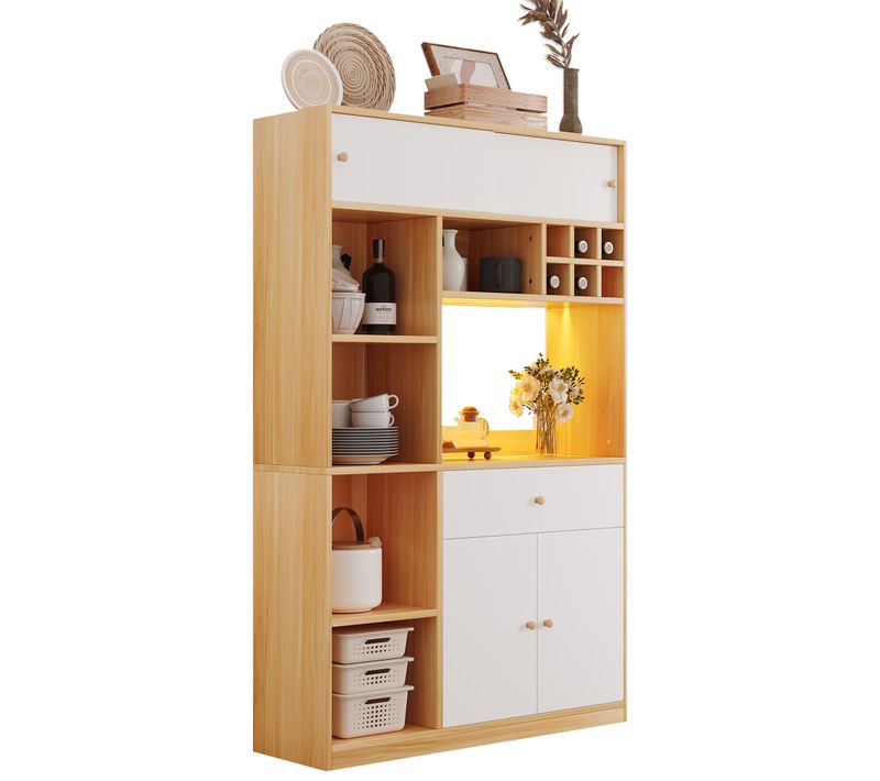 Buffet De Cuisine 115x35x180 Cm Avec LED, 4 Portes, Tiroir, Panneaux De Particules, Bois Et Blanc