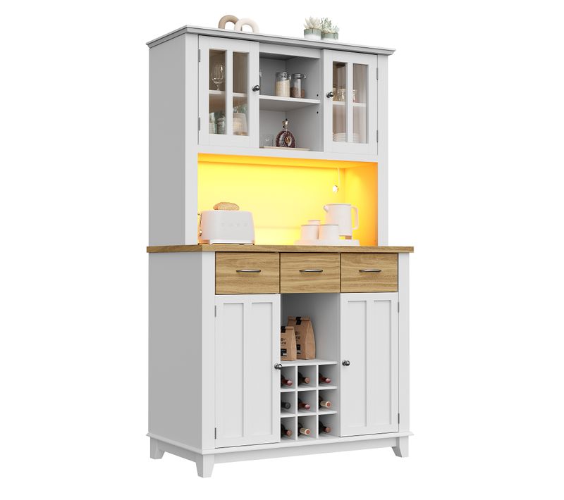 Buffet De Cuisine 106x40x179,5 Cm, Motif Bois, LED, 4 Portes, 3 Tiroirs, 4 Niches, Mdf, Blanc, Bois