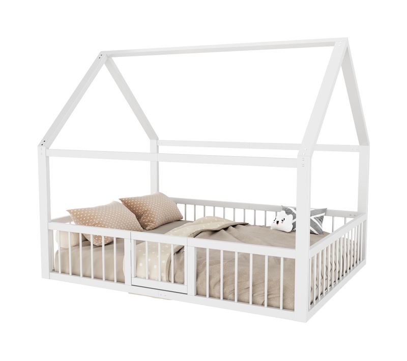 Lit Cabane 140x200 Cm, Cadre En Métal, Design Maison Toit, Barrières De Sécurité, Blanc