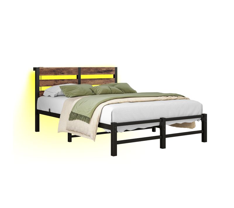 Lit Adulte 120x200 Cm, LED Rgb Et Station De Charge USB, Métal Et Bois, Couleur Noir Marron