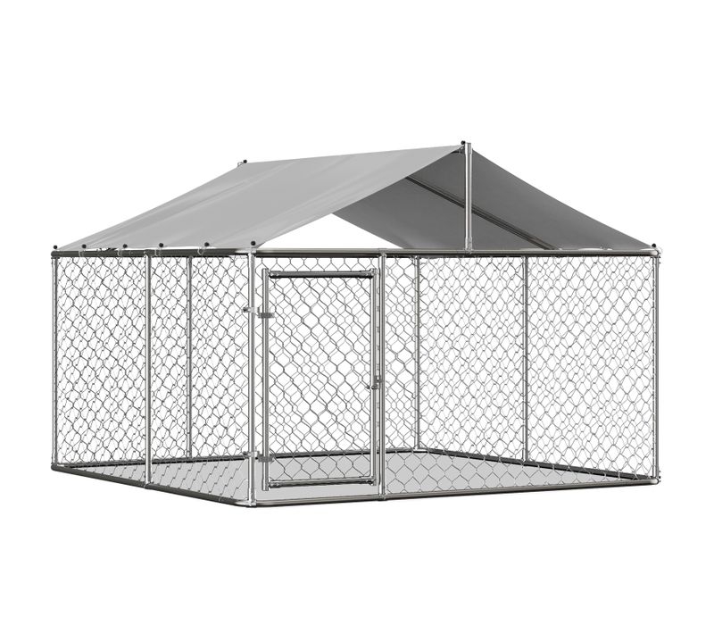 Chenil Extérieur Pour Chiens 230x230x117 Cm, Avec Toit Imperméable Uv, Métal Acier Galvanisé, Argené