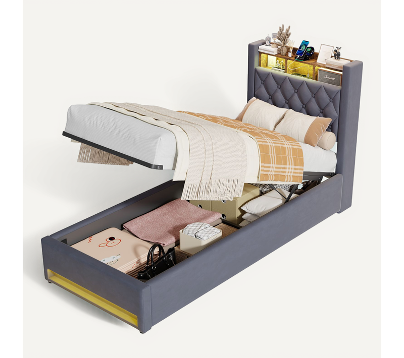 Lit 90x190cm, Lit Enfant, Tête De Lit Avec Rangement Et USB, LED, Velours Gris, Bois Et Métal