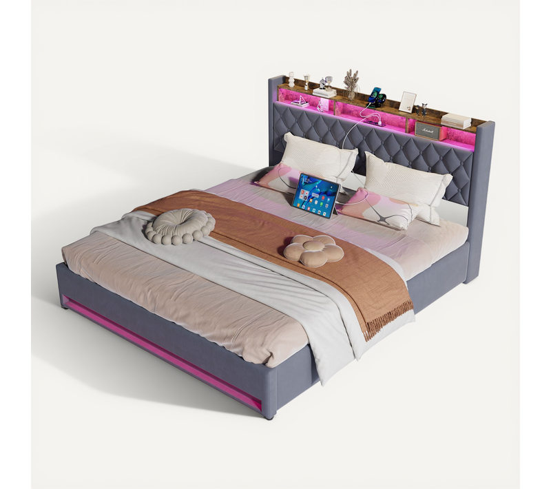 Lit Coffre 180x200 Cm, Tête De Lit Ergonomique Avec Rangement, Métal, Bois, Velours Gris