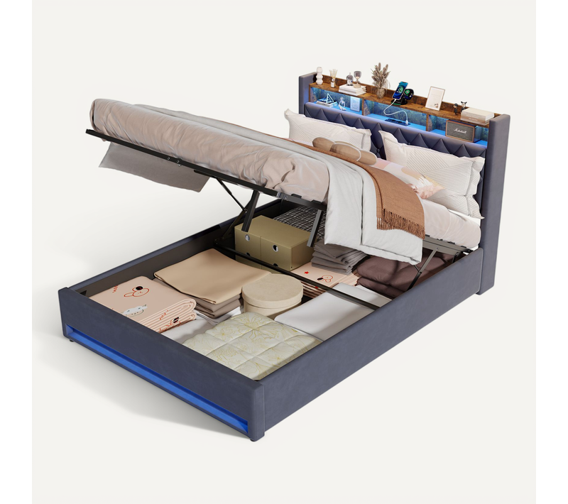 Lit 160x200cm, Lit 2 Places, Tête De Lit Avec Rangement Et USB, LED, Velours Gris, Bois Et Métal