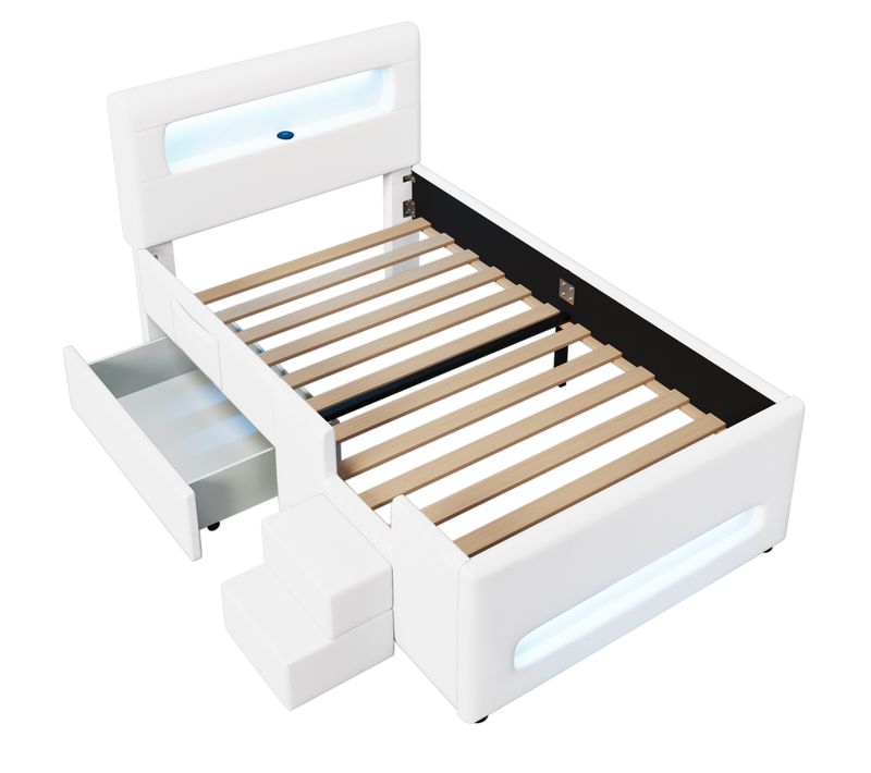 Lit Enfant 90x200cm, Lit Simple, Tiroir De Rangement, LED Réglable, Pu Et Mdf, Blanc
