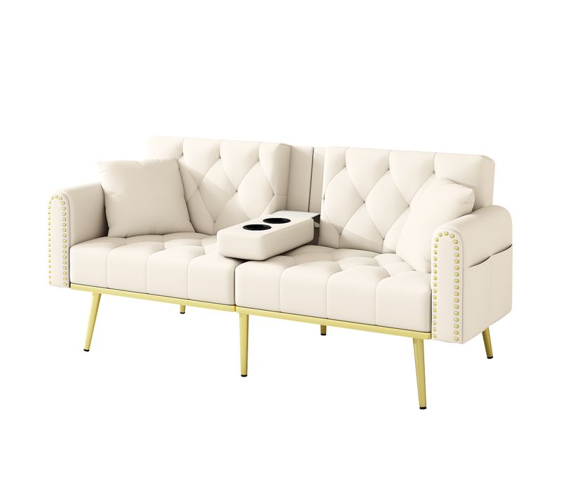 Canapé Convertible 175x80x73.5 Cm, 3 Positions Inclinables, Porte-gobelet Pliable, Velours Beige
