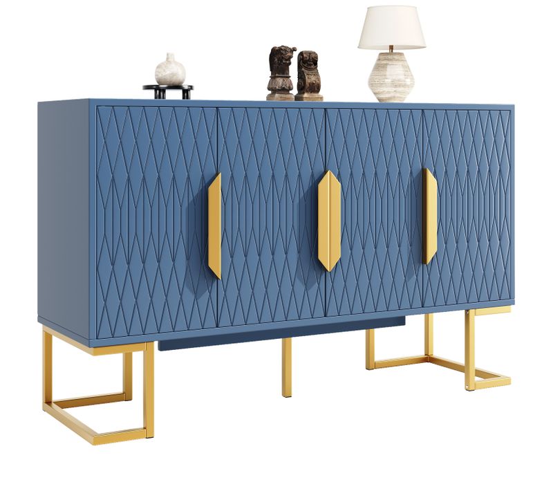 Buffet Bas 140x40x80 Cm, 4 Portes Avec Étagères Réglables Et Plan De Travail, Mdf, Métal, Bleu+doré
