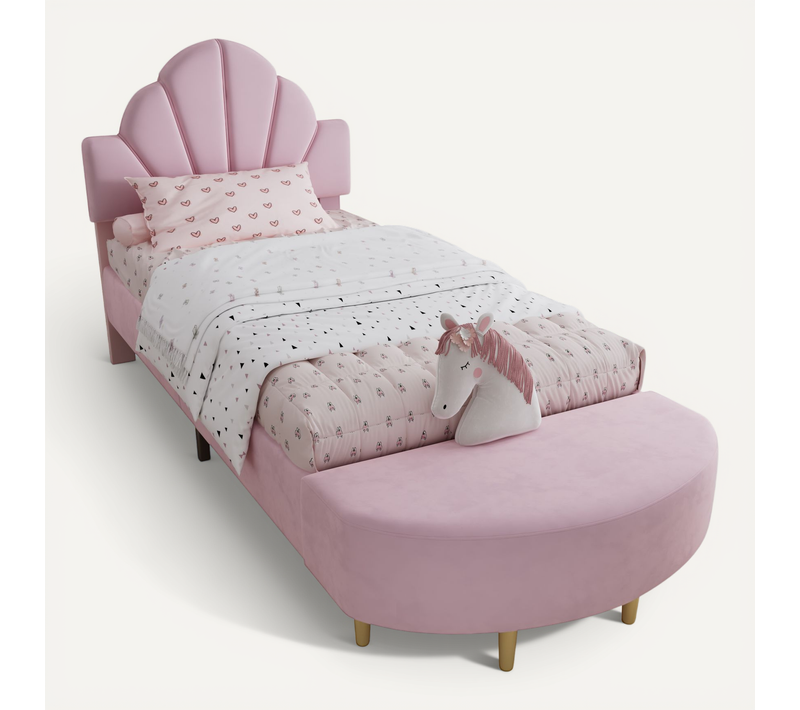 Lit Enfant Simple 90x200 Cm Avec Banc Assorti, Cadre De Lit Robuste, Velours Et Contreplaqué, Rose
