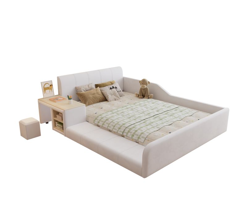 Lit Enfant Double 140x200 Cm Avec Bureau, Tabouret, Rangements, Sommier à Lattes, En Velours Blanc