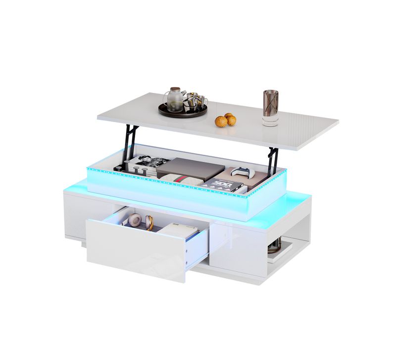 Table Basse Relevable 96x45x40 Cm, LED, Tiroir, 2 Niches, Rangement Caché, Pb, Blanc