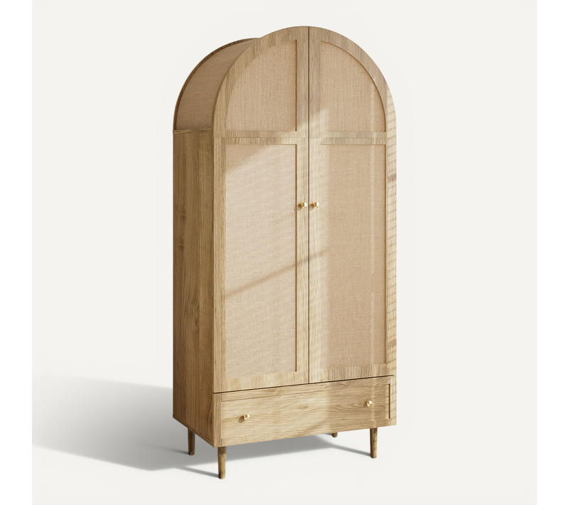 Armoire Moderne 79x50x175 Cm, Portes Habillées De Tissu, Motif Bois, Tiroir, Mdf, Couleur Chêne