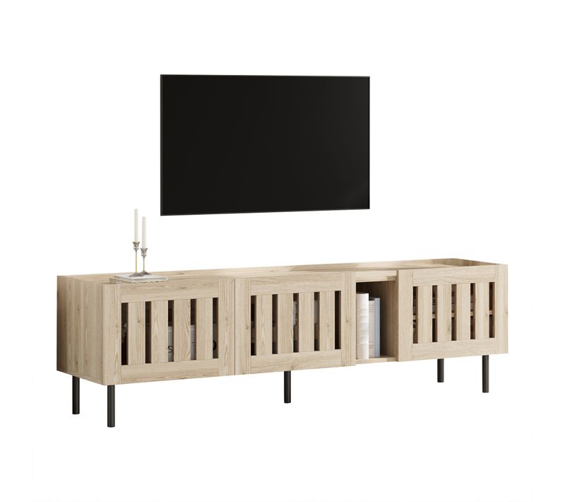 Meuble TV 160x40x47 Cm, 3 Portes, Motif Bois, Design Ajouré Avec Lamelles, Mdf Et Métal, Bois