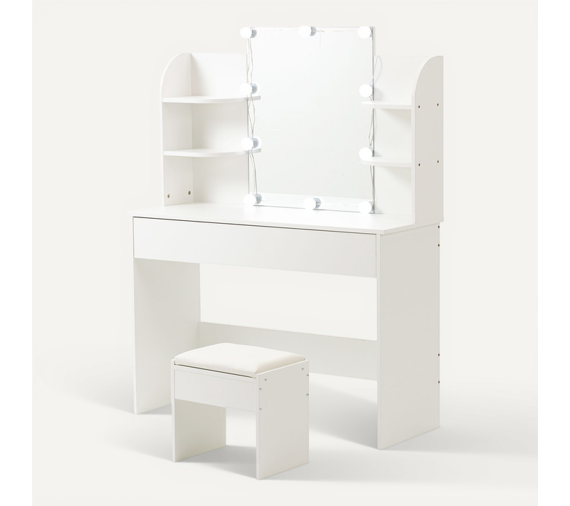 Coiffeuse Avec Miroir, LED, Rangement, Mdf, Couleur Blanche, 10 Ampoules