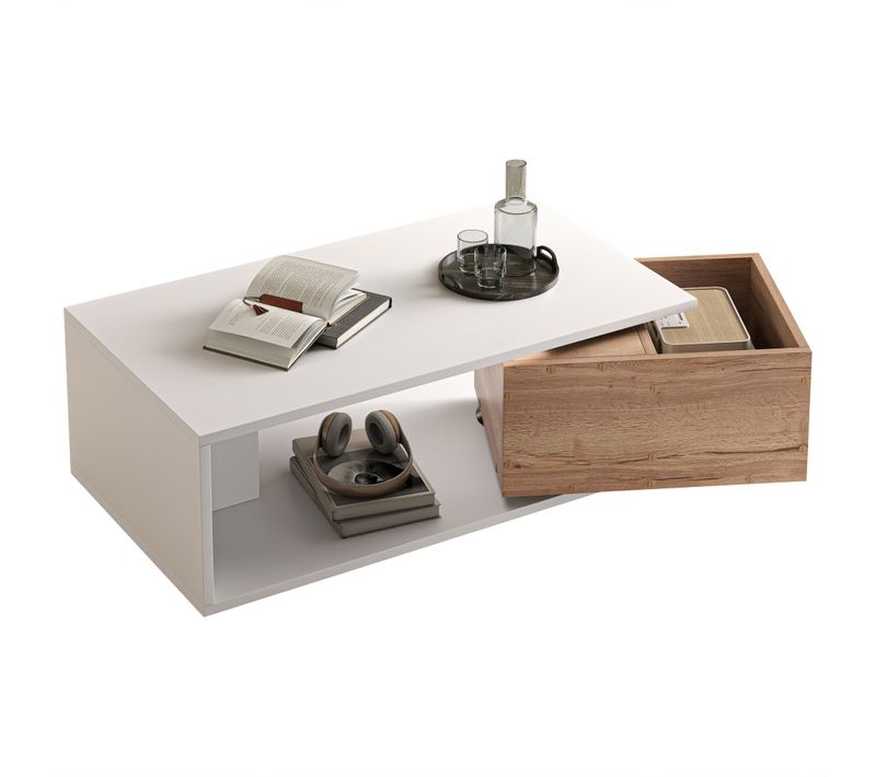 Table Basse 90x50x30cm, Tiroir Pivotant 360°, Rangement, Plateau Finition Brillant, Mdf, Blanc+bois