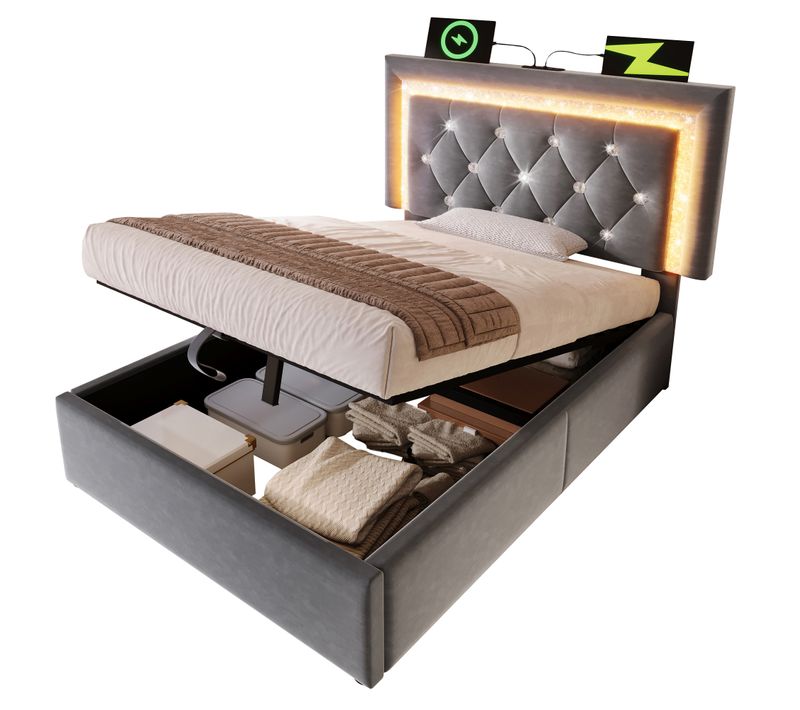 Lit Coffre 90x200 Cm, Tête Avec LED Et Station De Charge USB Et Type C, Velours, Couleur Gris