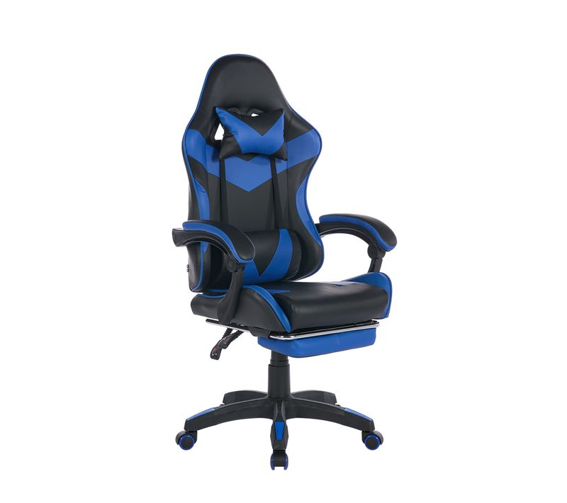 Fauteuil De Bureau, Ergonomique Réglable Avec Repose-pieds, Bois+métal, Bleu Et Noir