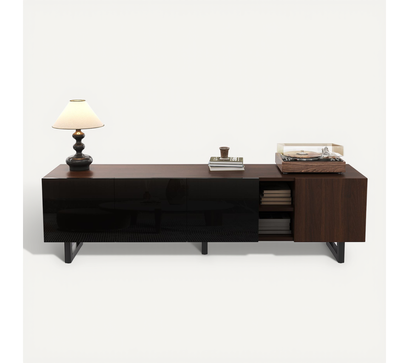 Meuble TV Bas 180x38x50 Cm à 4 Portes, 5 Niches, Design Unique, Motif Bois, En Mdf, Noir Et Marron