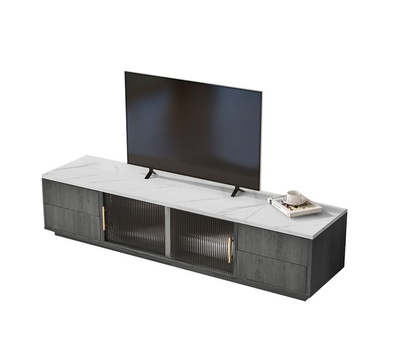 Meuble Télévision Moderne 160x40x38,5 Cm, Motif Marbre Et 4 Tiroirs, 2 Portes, Verre, Mdf Gris