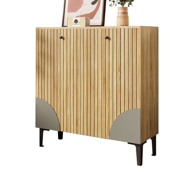 Meuble à Chaussures 90x32x94 Cm, Grand Rangement, 3 Portes Fermées, Panneaux De Particules Bois