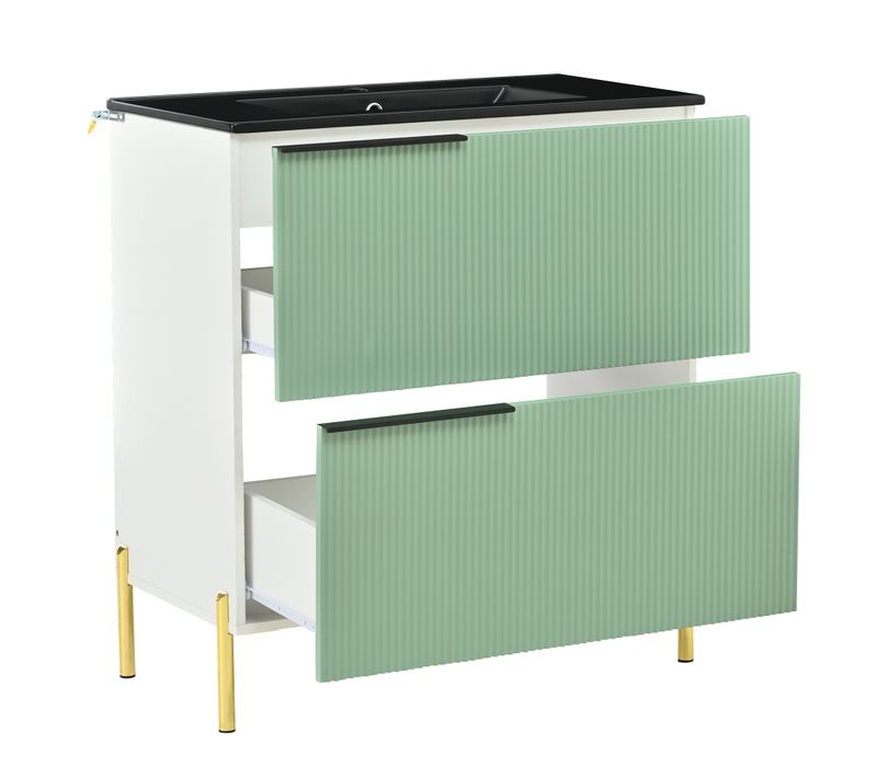 Meuble Vasque 81.5x47x90cm, Vasque Céramique, 2 Tiroirs De Rangement, Mdf, Vert+blanc+noir+doré
