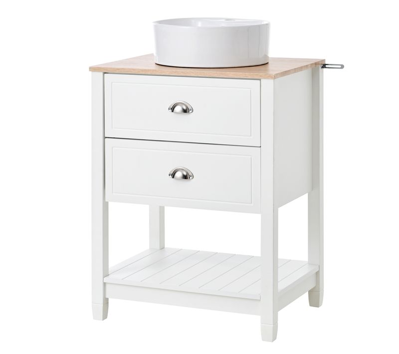 Meuble Vasque 60x45x91cm, Vasque Céramique Ronde, 2 Tiroirs De Rangement, Mdf, Blanc Et Bois Naturel
