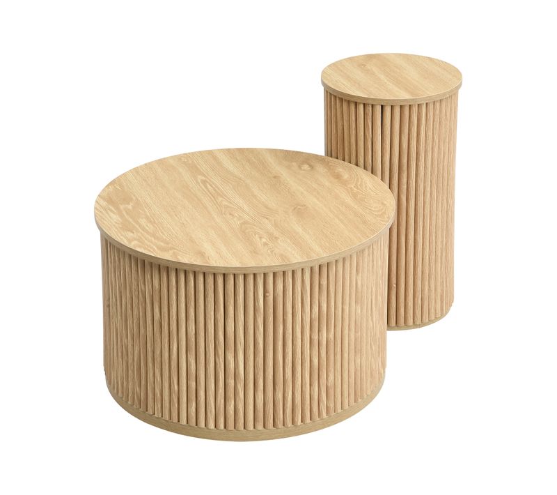 Lot De 2 Tables Basses 60 Cm Et 30 Cm, Motif Bois, Table Ronde, Design Moderne, Mdf, Couleur Bois