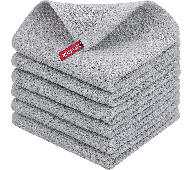 Lot De 6 Torchons En Pur Coton Vert, Texture Gaufrée En Nid D’abeille, Couleur Gris
