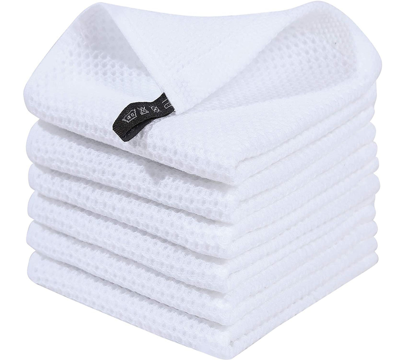 Lot De 6 Torchons En Pur Coton Vert, Texture Gaufrée En Nid D’abeille, Couleur Blanc
