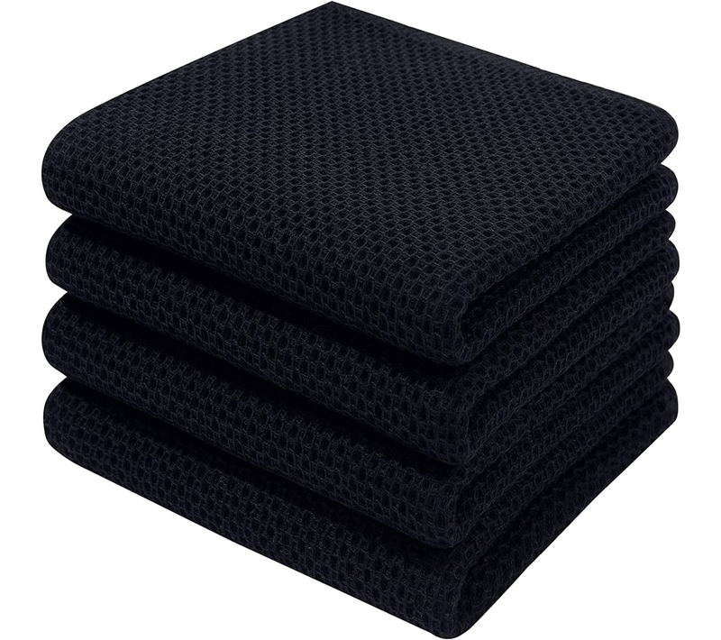 Lot De 4 Torchons En Coton Gaufré 34x73 Cm, Motif Nid D’abeilles, Lavables En Machine, Noir