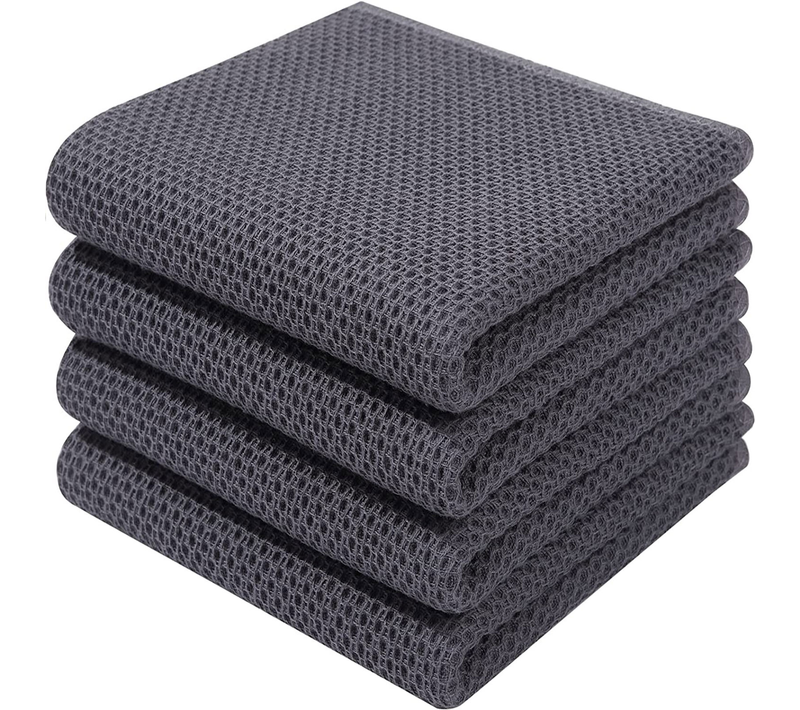 Lot De 4 Torchons En Coton Gaufré 34x73 Cm, Motif Nid D’abeilles, Lavables En Machine, Gris
