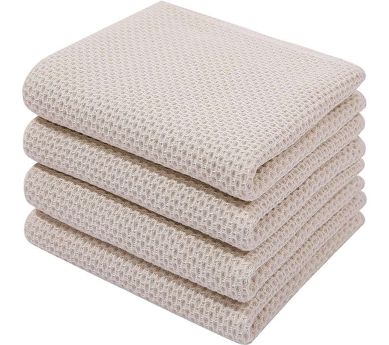 Lot De 4 Torchons En Coton Gaufré 34x73 Cm, Motif Nid D’abeilles, Lavables En Machine, Beige