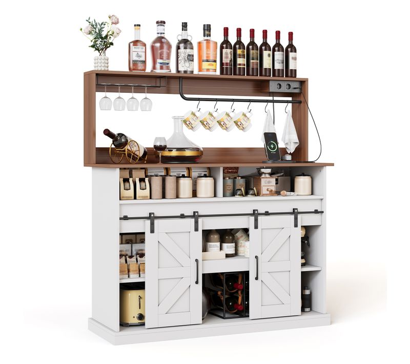Buffet 120x40x121.5 Cm, Portes Coulissantes, Porte Verres, Prises, Crochets, Mdf, Blanc+bois