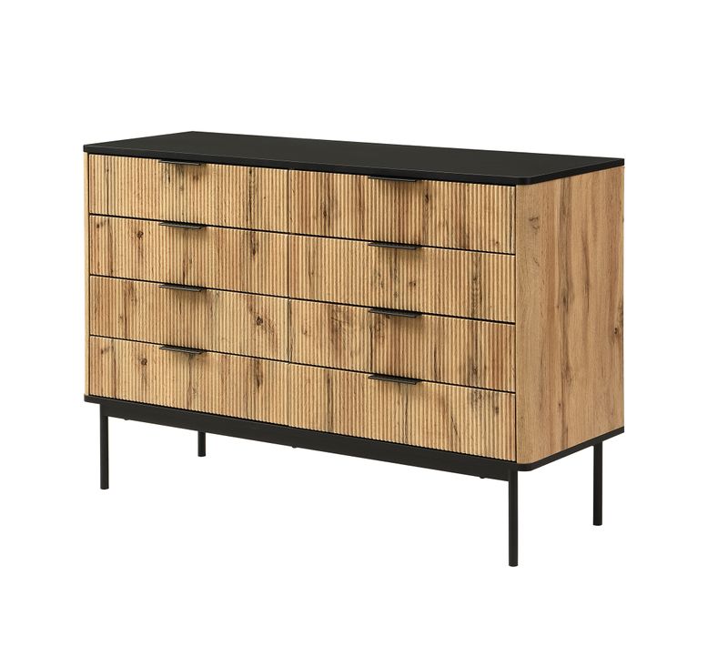 Commode 120x39,5x80 Cm, Grand Rangement, Motif Bois, 8 Tiroirs, Style Artistique, Mdf, Noir, Bois