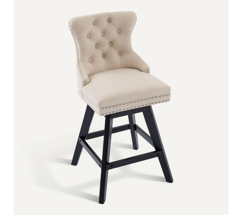 Lot De 2 Tabourets De Bar Pivotants, Assise 360 Degres, Velours, Pieds En Bois, Couleur Beige