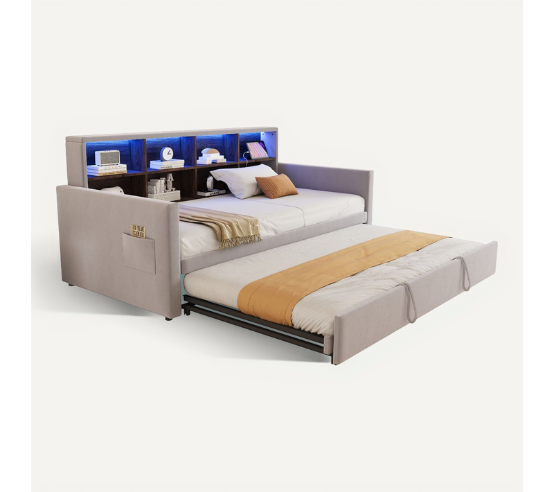 Lit Gigogne 90x190 Cm, Convertible En Lit 180x190 Cm, Rangement, 8 Niches, LED, Velours Gris Clair