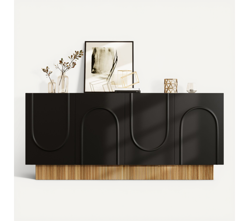 Buffet Bas 160x38x75 Cm, Design Relief En U, 4 Portes Battantes, Pb, Couleur Noir+bois