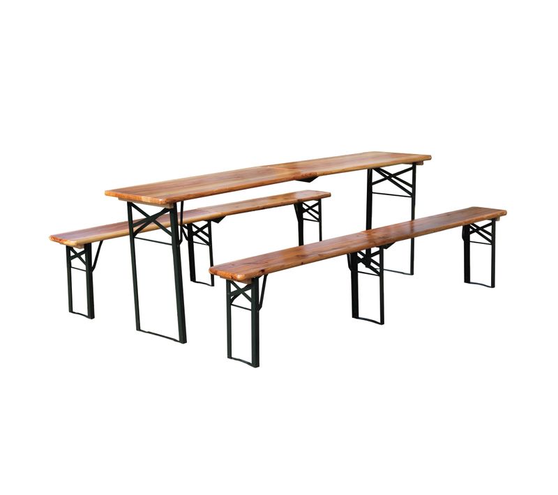 Ensemble Table De Jardin Pliante 220x50x78 Cm Et 2 Bancs, 3 Pièces, Bois, Métal, Couleur Bois+noir